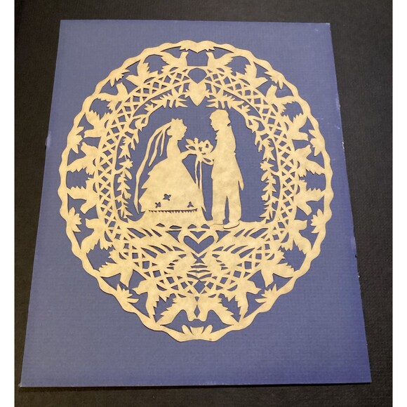 Wedding Couple SILHOUETTE Hand Paper Folk Art Cut Out Original Unframed 7x8.5" - Picture 1 of 10